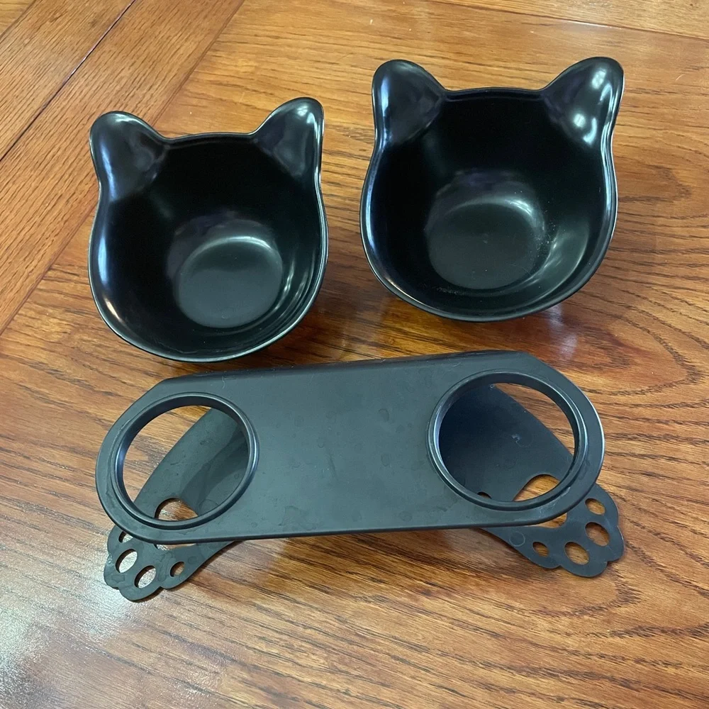 Black Cat Ear Double Pet Bowl
